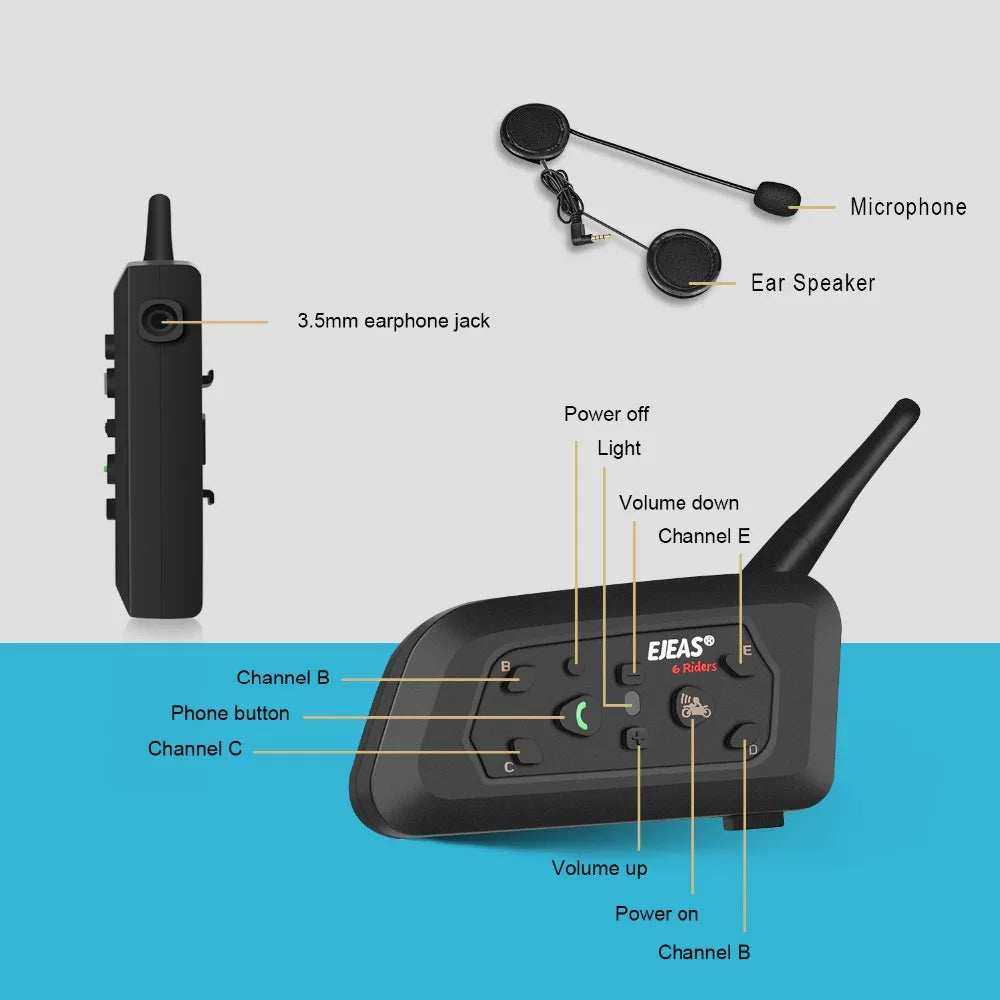 EJEAS V6 PRO+ Intercomunicador Bluetooth para Capacete de Motocicleta: Comunicação Clara e Confiável para até 6 Pilotos