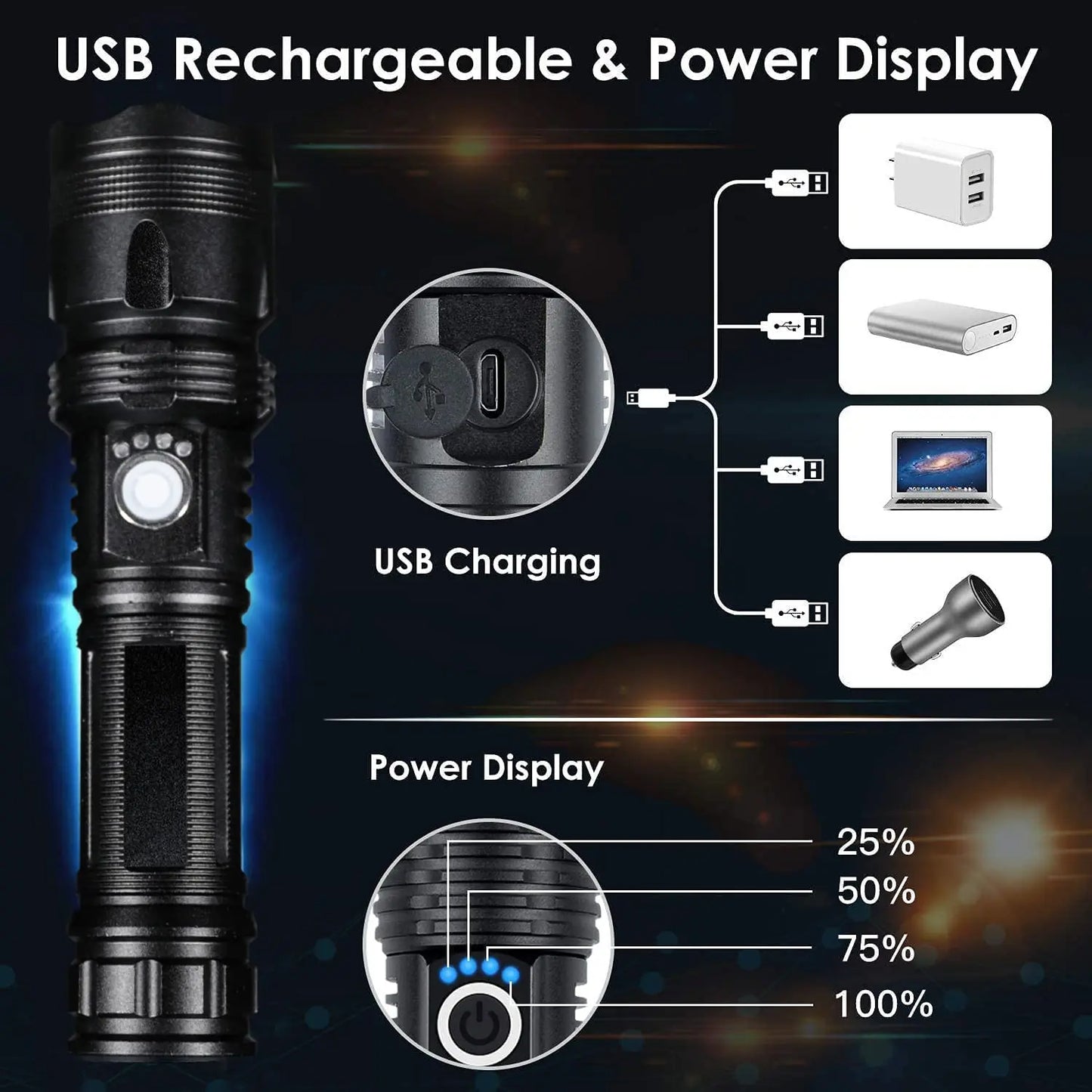 Lanterna super brilhante recarregável de alta potência, corpo em alumínio, led, zoom, usb, mão, luz tática