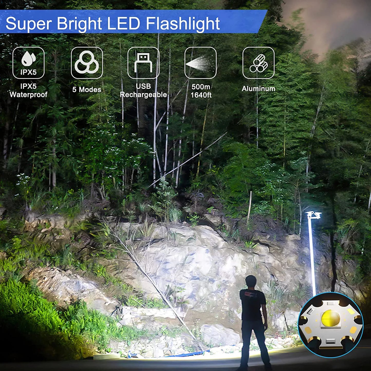Lanterna super brilhante recarregável de alta potência, corpo em alumínio, led, zoom, usb, mão, luz tática