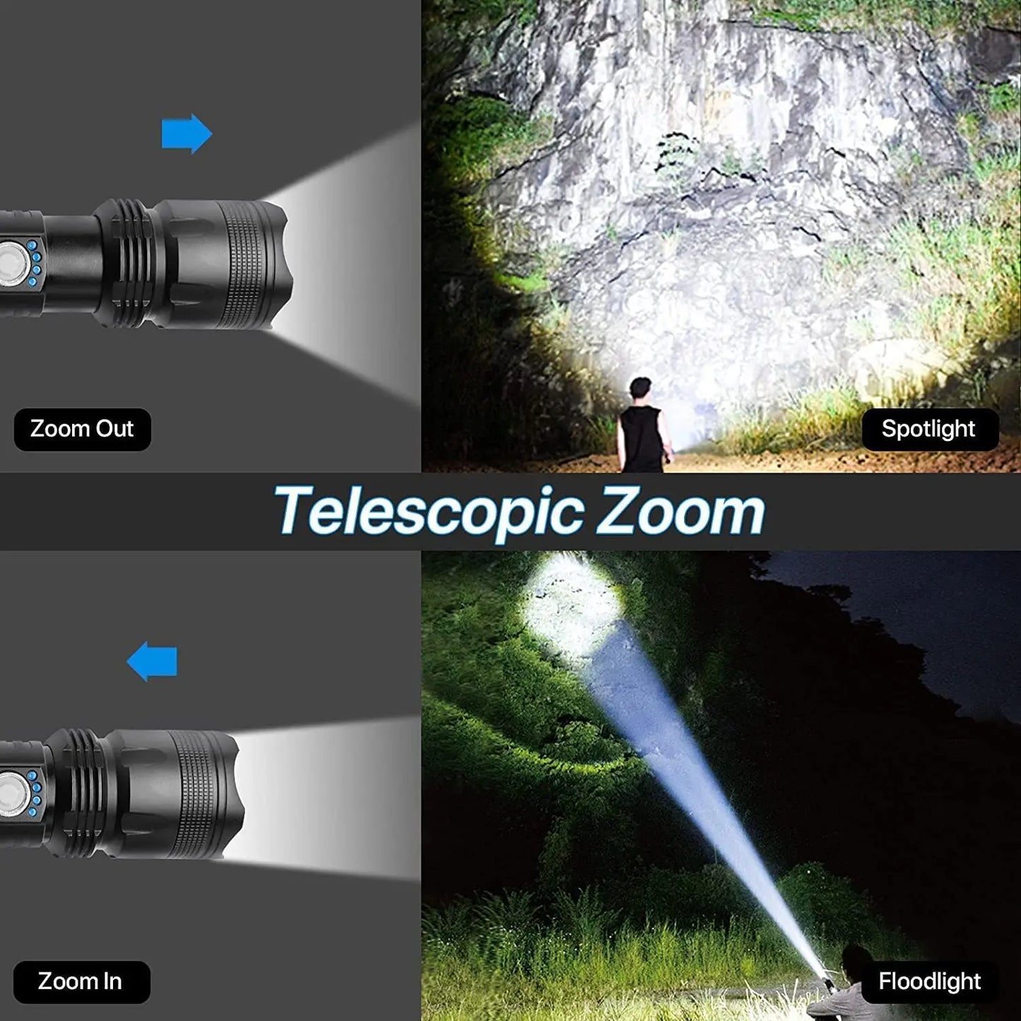 Lanterna super brilhante recarregável de alta potência, corpo em alumínio, led, zoom, usb, mão, luz tática