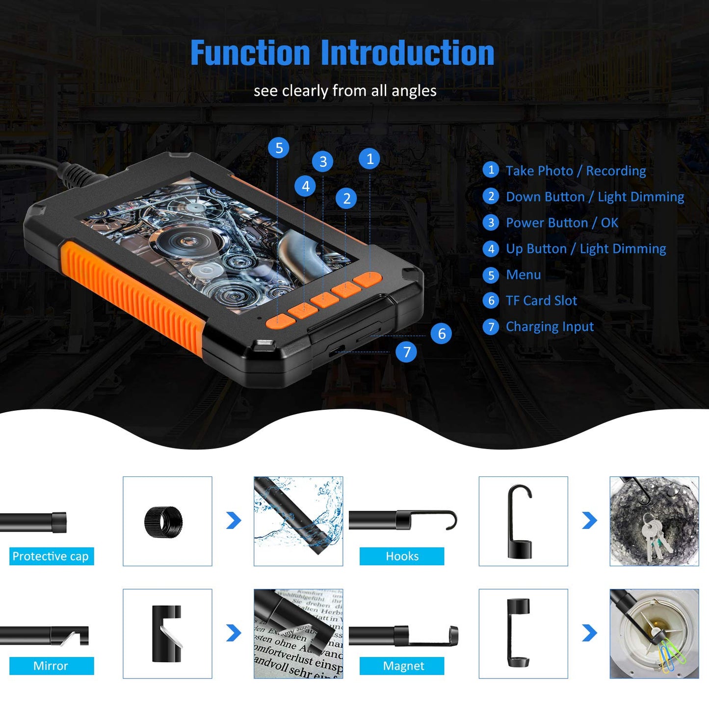 Endoscópio Industrial com Câmera 1080P e tela IPS de 4.3 Polegada, lente dupla GUANMOU