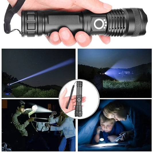 Lanterna super brilhante recarregável de alta potência, corpo em alumínio, led, zoom, usb, mão, luz tática