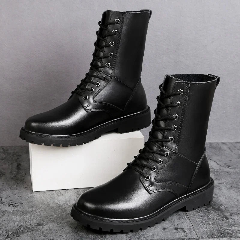 Botas tipo coturno masculinas em couro genuíno impermeáveis