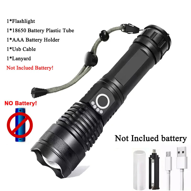 Lanterna super brilhante recarregável de alta potência, corpo em alumínio, led, zoom, usb, mão, luz tática