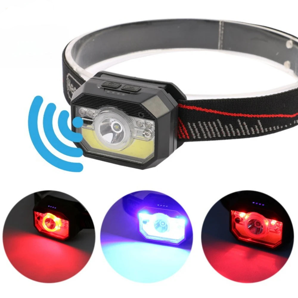 Lanterna de led recarregável para cabeça com sensor de movimento resistente a água