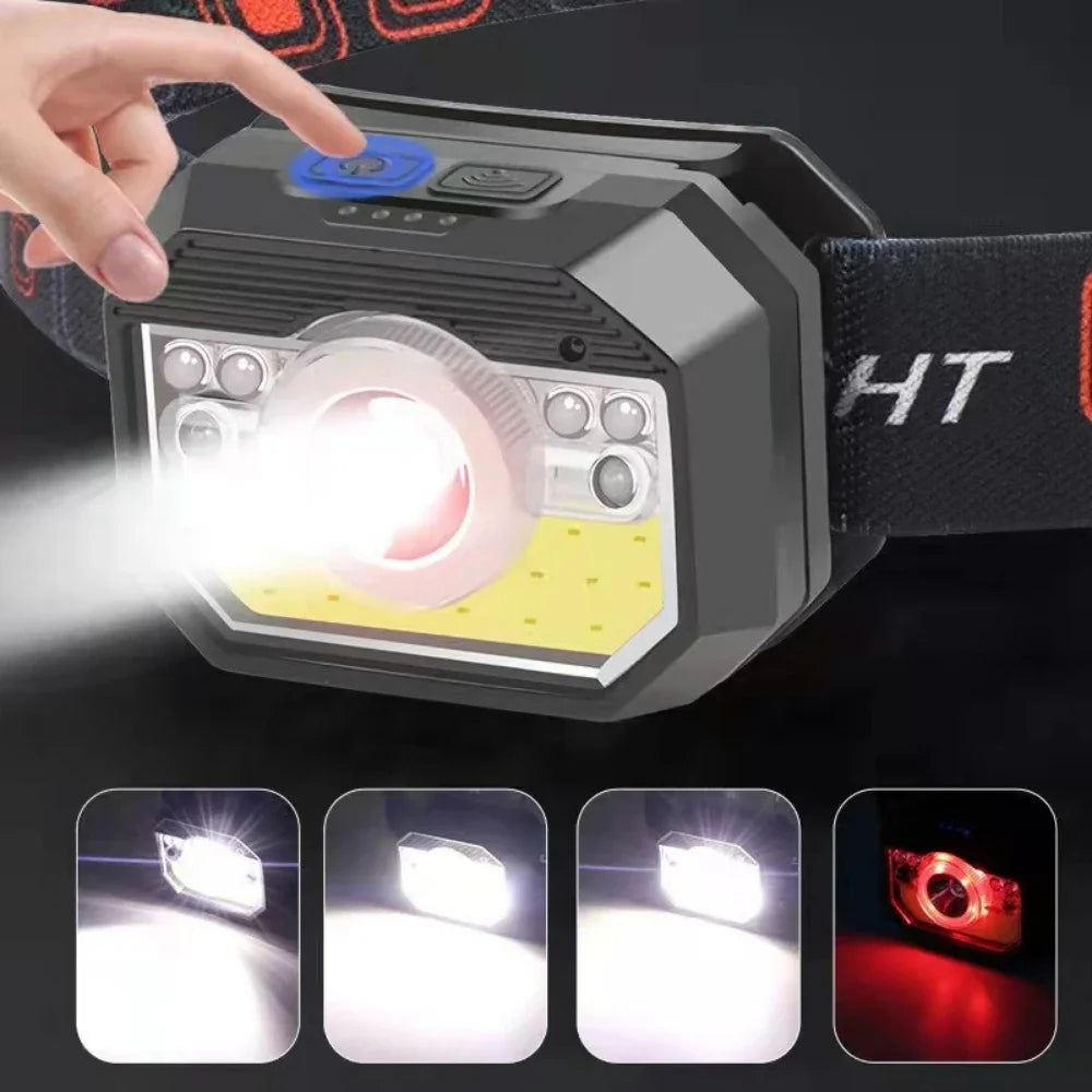 Lanterna de led recarregável para cabeça com sensor de movimento resistente a água