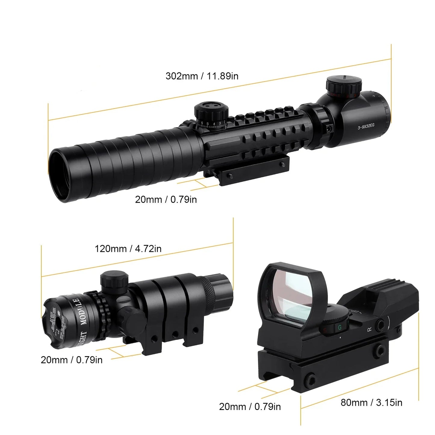 Mira telescópica 3-9x32 combo 4 em 1 escopo com telêmetro e red dot vermelho ou verde
