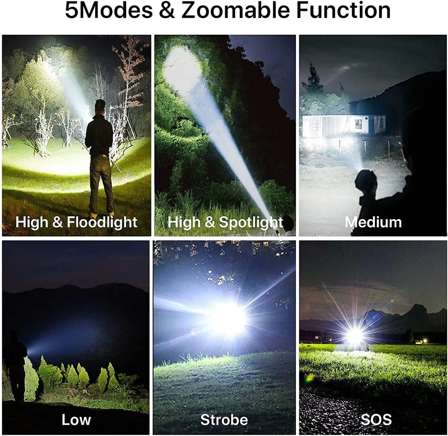 Lanterna super brilhante recarregável de alta potência, corpo em alumínio, led, zoom, usb, mão, luz tática