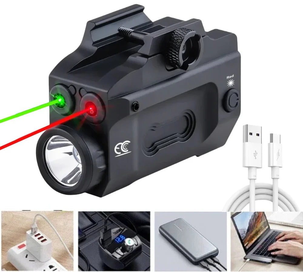 Lanterna tática com laser recarregável verde / vermelho com trilho picatinny