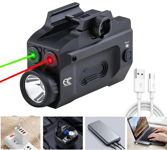 Lanterna tática com laser recarregável verde / vermelho com trilho picatinny