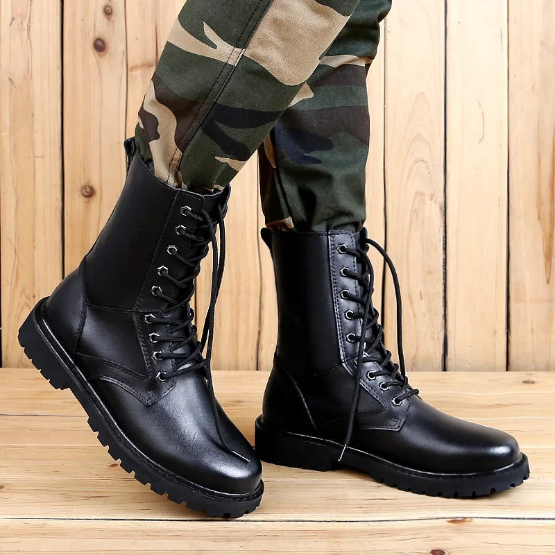 Botas tipo coturno masculinas em couro genuíno impermeáveis