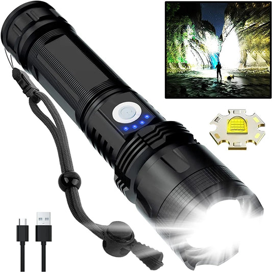Lanterna super brilhante recarregável de alta potência, corpo em alumínio, led, zoom, usb, mão, luz tática