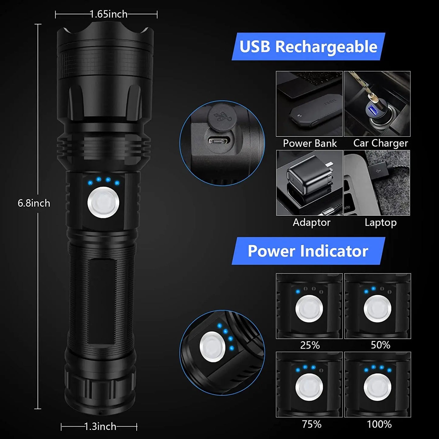 Lanterna super brilhante recarregável de alta potência, corpo em alumínio, led, zoom, usb, mão, luz tática