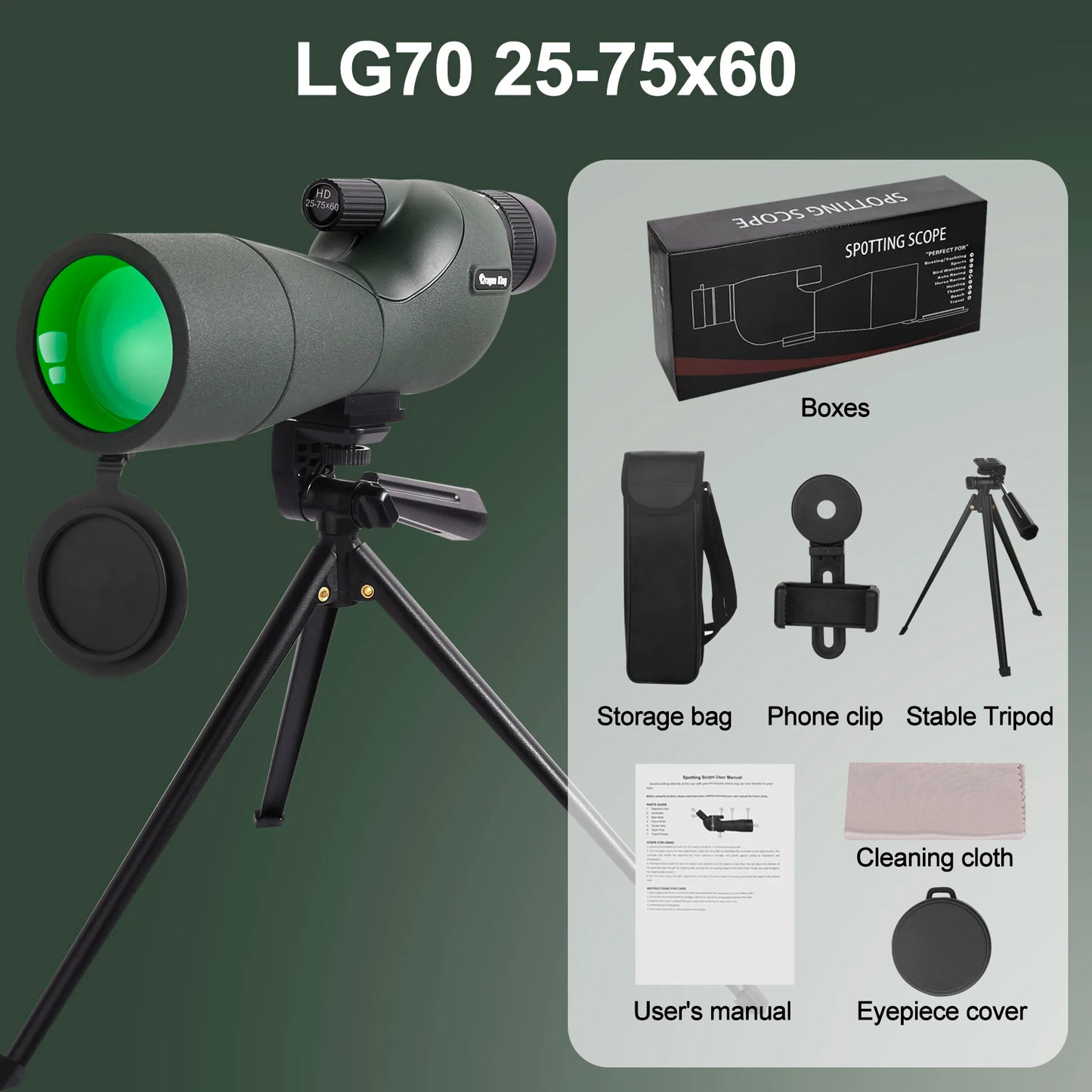 Telescópio para espotagem monocular XIYEAR 25-75x60 FMC BAK4 com tripé