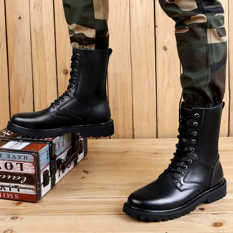 Botas tipo coturno masculinas em couro genuíno impermeáveis