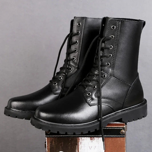 Botas tipo coturno masculinas em couro genuíno impermeáveis