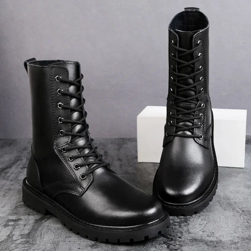 Botas tipo coturno masculinas em couro genuíno impermeáveis