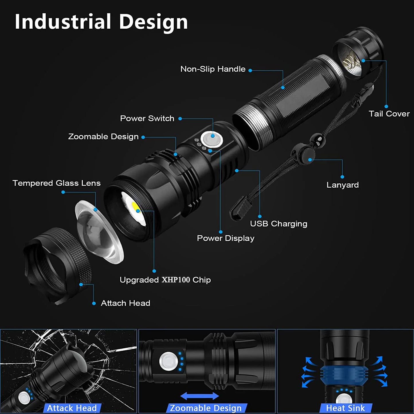 Lanterna super brilhante recarregável de alta potência, corpo em alumínio, led, zoom, usb, mão, luz tática