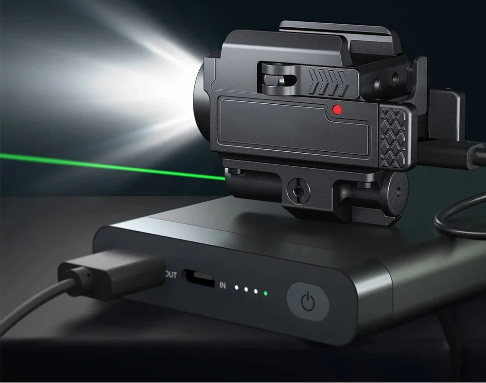 Lanterna de 800 lumens com laser ou vermelho com bateria recarregável USB com trilho Picatinny