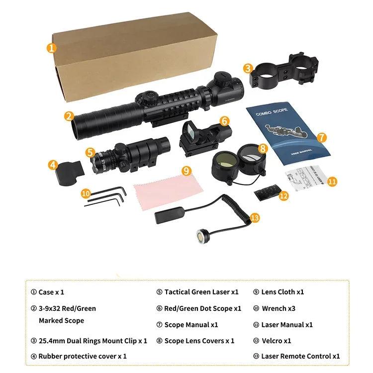 Mira telescópica 3-9x32 combo 4 em 1 escopo com telêmetro e red dot vermelho ou verde