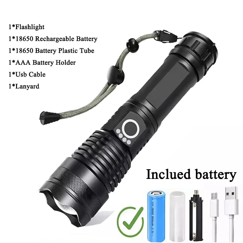 Lanterna super brilhante recarregável de alta potência, corpo em alumínio, led, zoom, usb, mão, luz tática