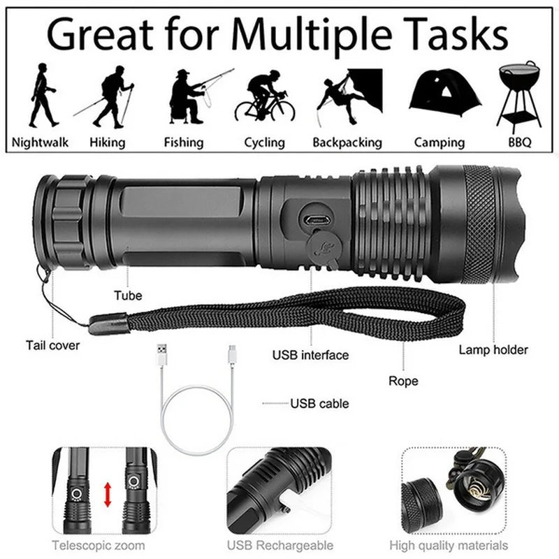 Lanterna super brilhante recarregável de alta potência, corpo em alumínio, led, zoom, usb, mão, luz tática
